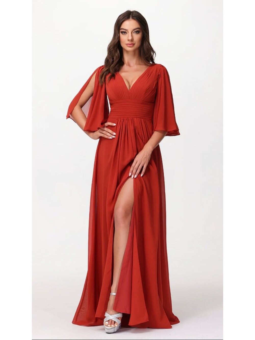 AW Bridal Rust V-Neck With Slit Flatter Sleeve Chiffon Dress Size 14